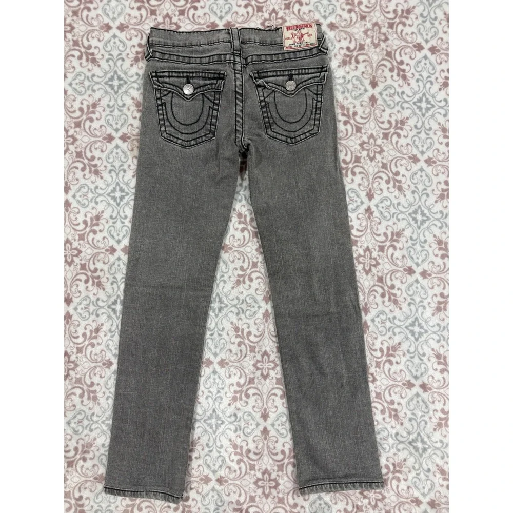 True Religion Boys Gray Straight Leg Jeans Size 14 Thick Stitch Horseshoe Logo